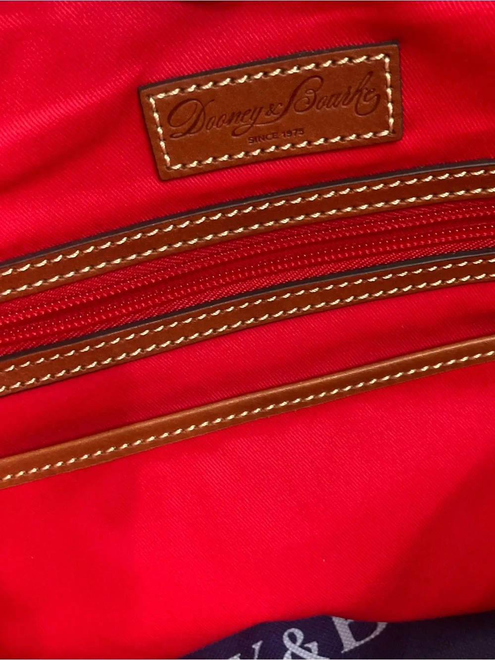 Dooney & Bourke Gray and Bright Blue Pebble Leather Tote with Brown Handles - Picture 9 of 10